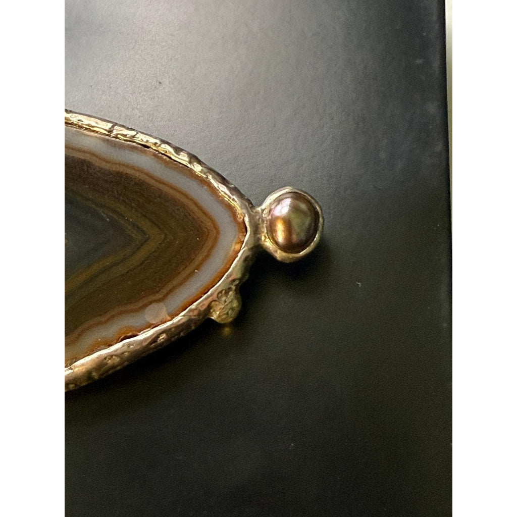 Rare Signed Nadine Leo Mississippi River Pearl Co 18K Pearl Agate Brooch