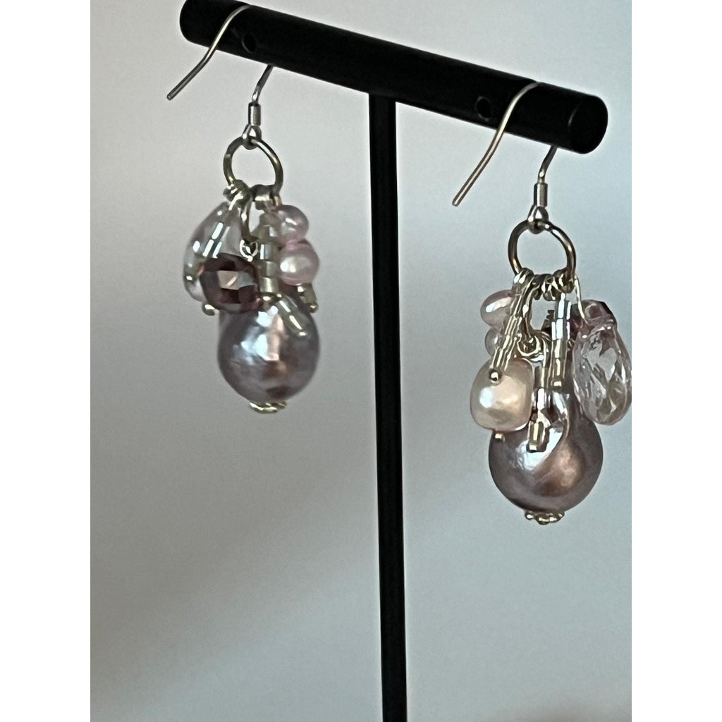 Cultured pink, lavender pearls, faceted beads briolettes sterling silver hooks