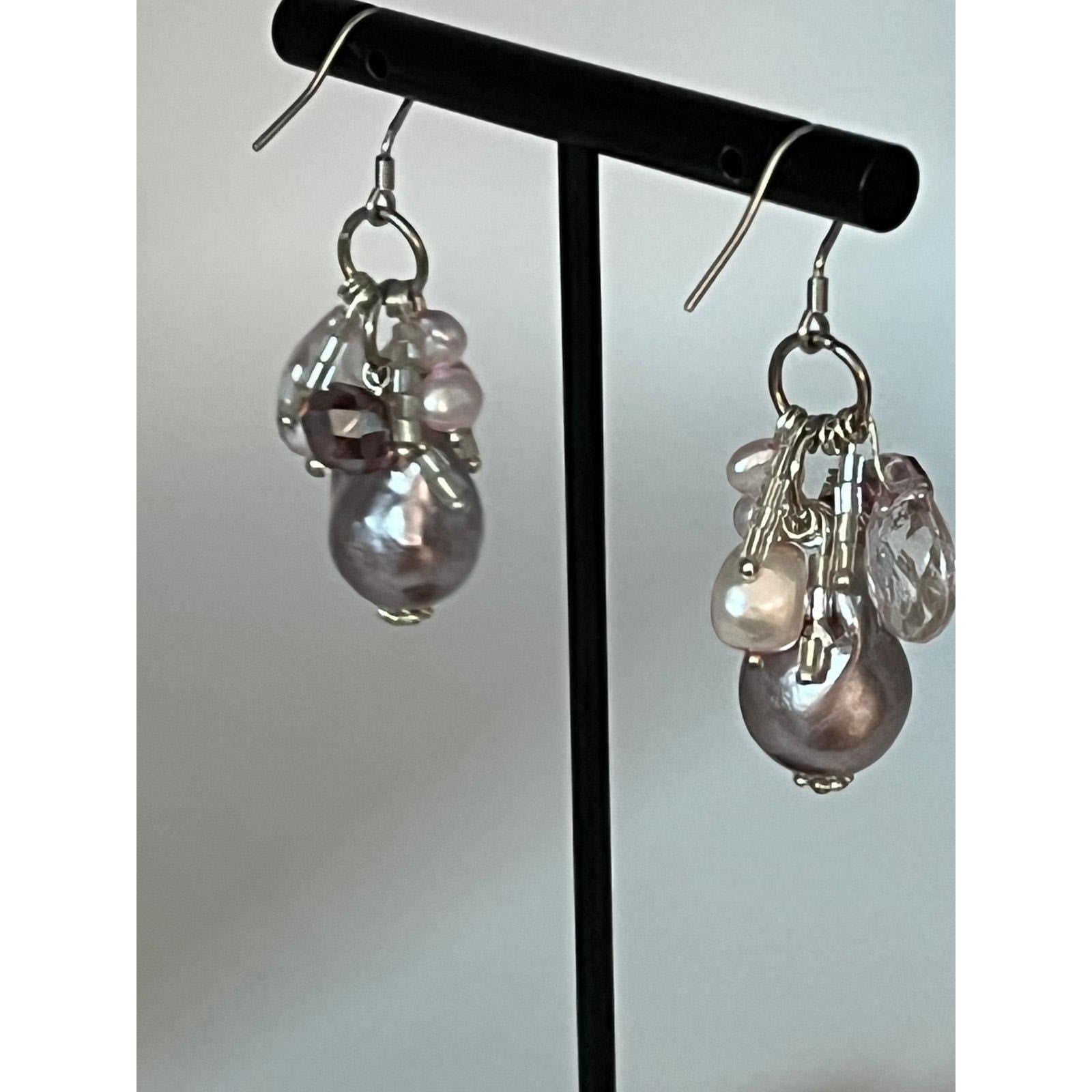 Cultured pink, lavender pearls, faceted beads briolettes sterling silver hooks