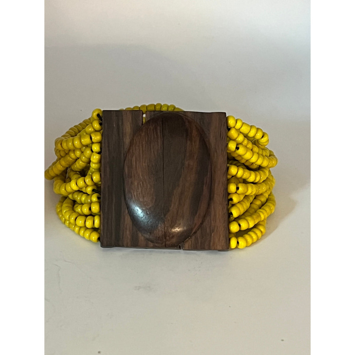 Handmade Yellow Seed Bead Wood Latched Bracelet
