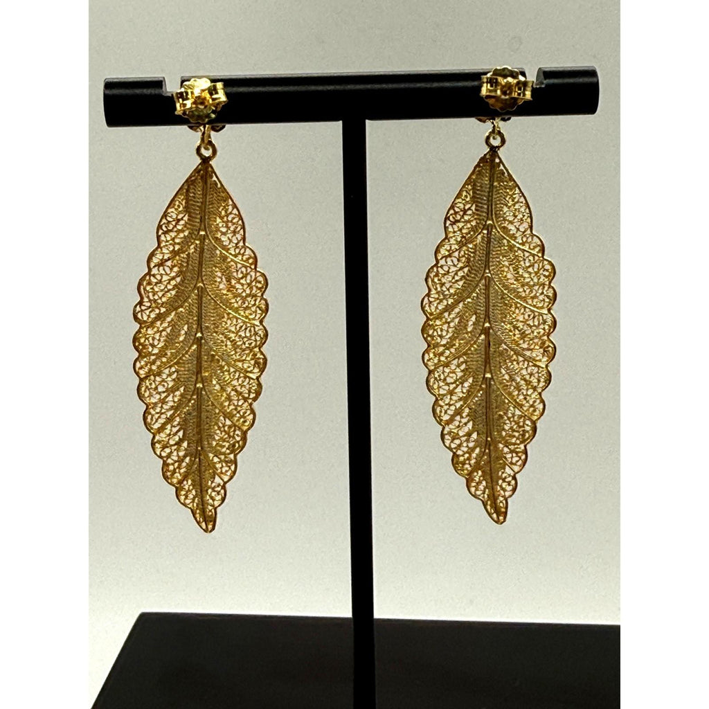 Portuguese Gold Plated Sterling Silver Filigree Leaf Earrings