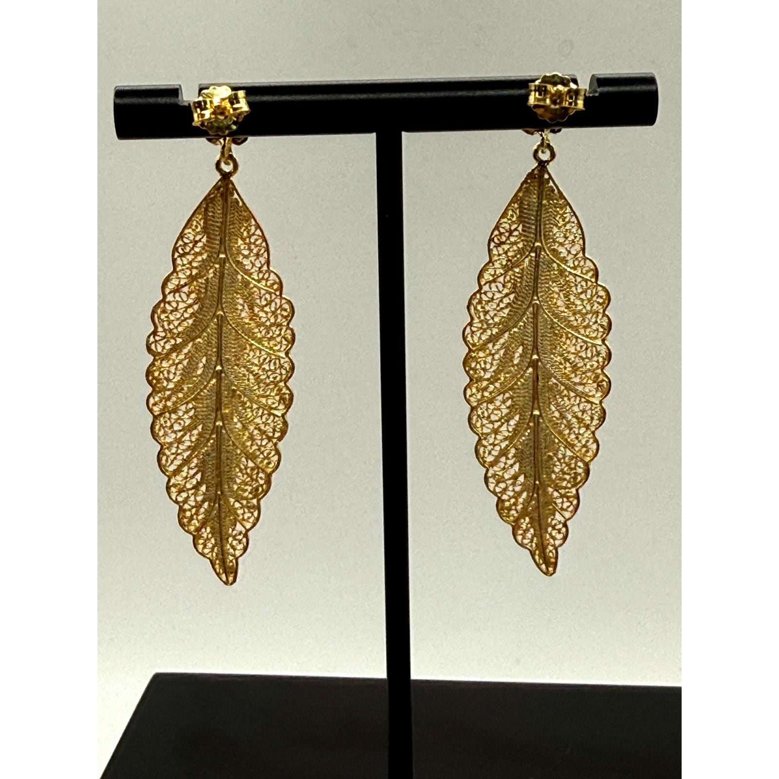 Portuguese Gold Plated Sterling Silver Filigree Leaf Earrings