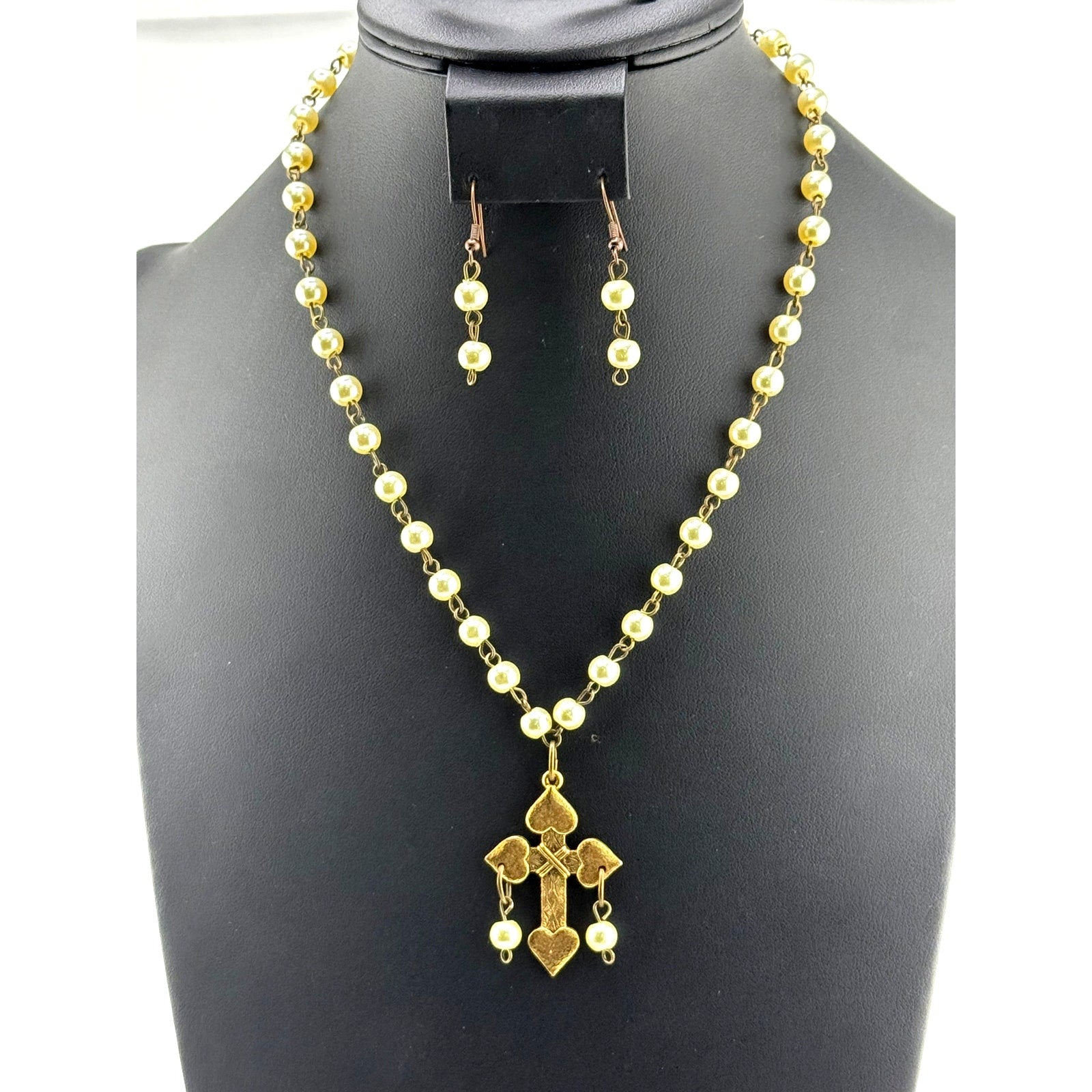 Native American Rosary Style Chain Pearl Beaded Cross Necklace Earrings Set