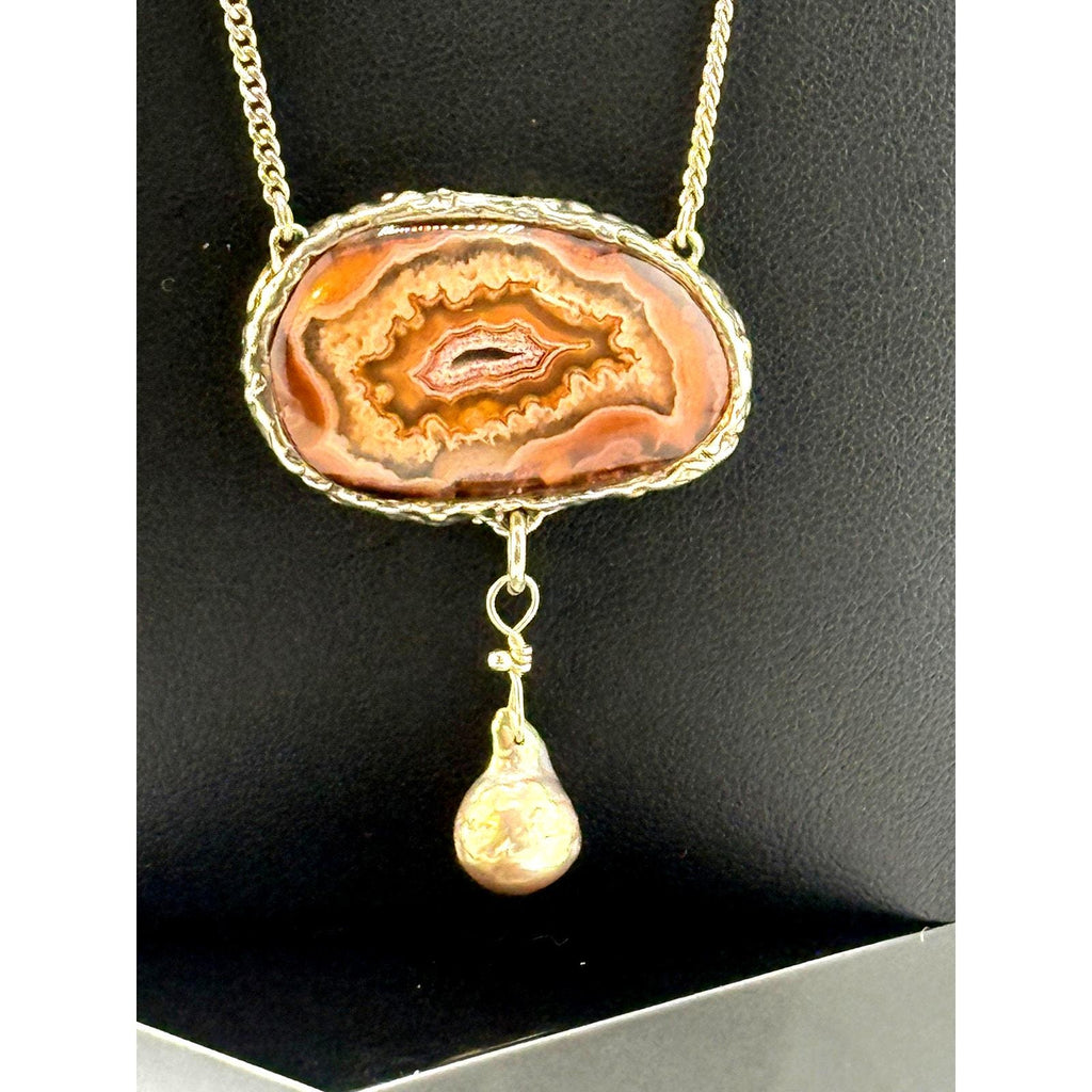 Rare Nadine Leo Mississippi River Pearl Co Sterling Crazy Lace Pendant Necklace
