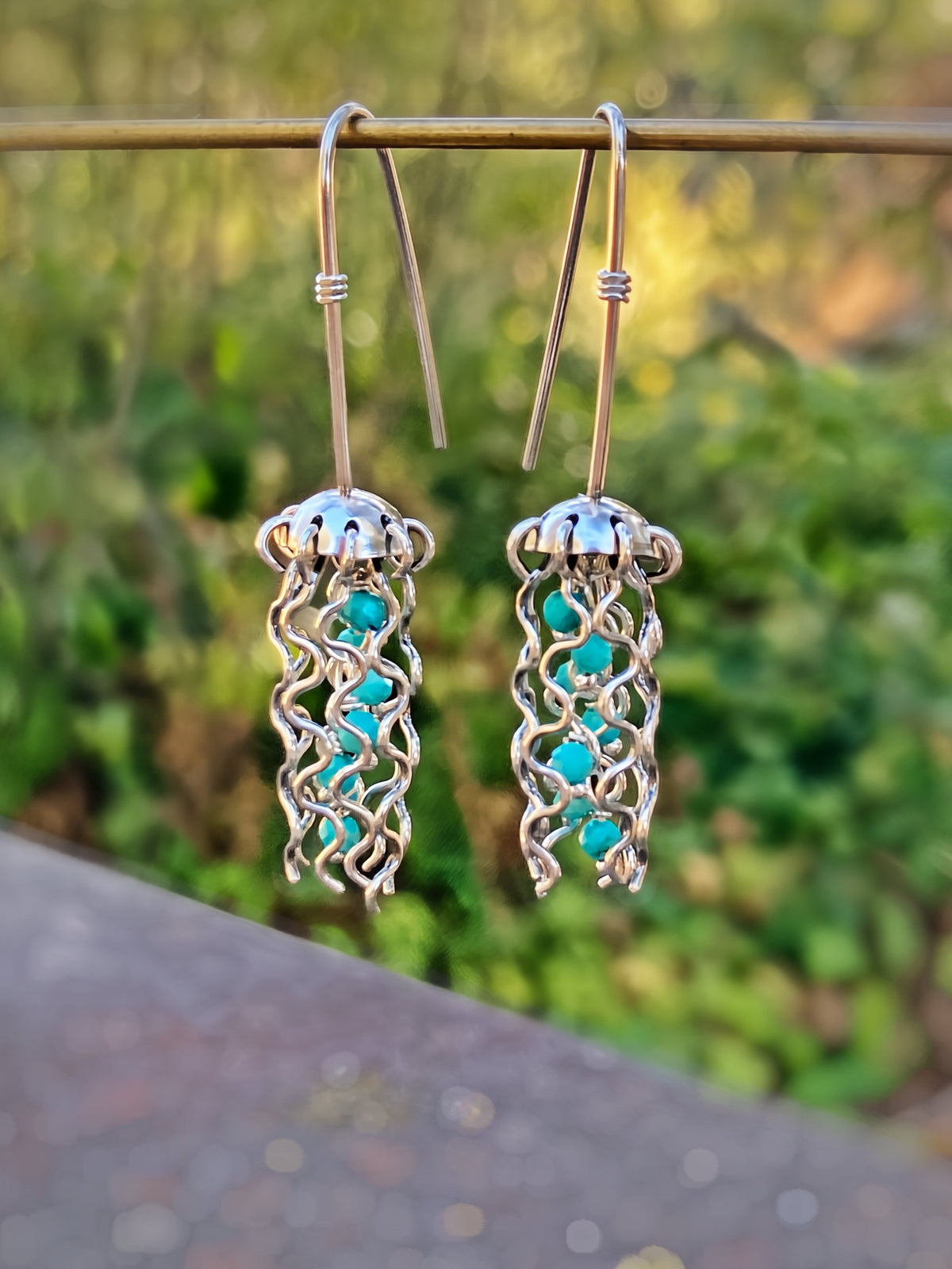 Alison Morse Mini Jellyfish Earrings in Sterling Silver with Turquoise Beads and Hypoallergenic Niobium Earwires - Sarasotabydesign