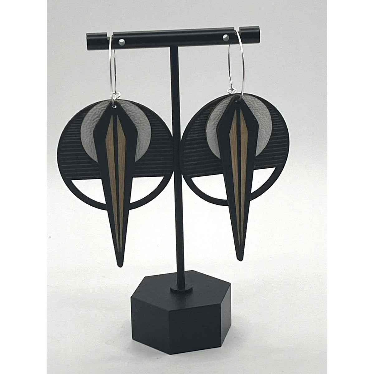 Architectural Lightweight Leather and Birch Earrings Naja Blk - Sarasotabydesign