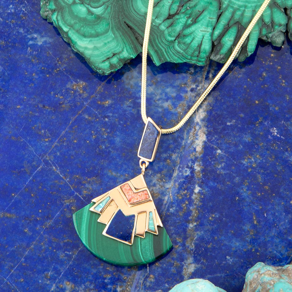 Barse Jewelry Art Deco Colorful Inlay Golden Pendant Necklace