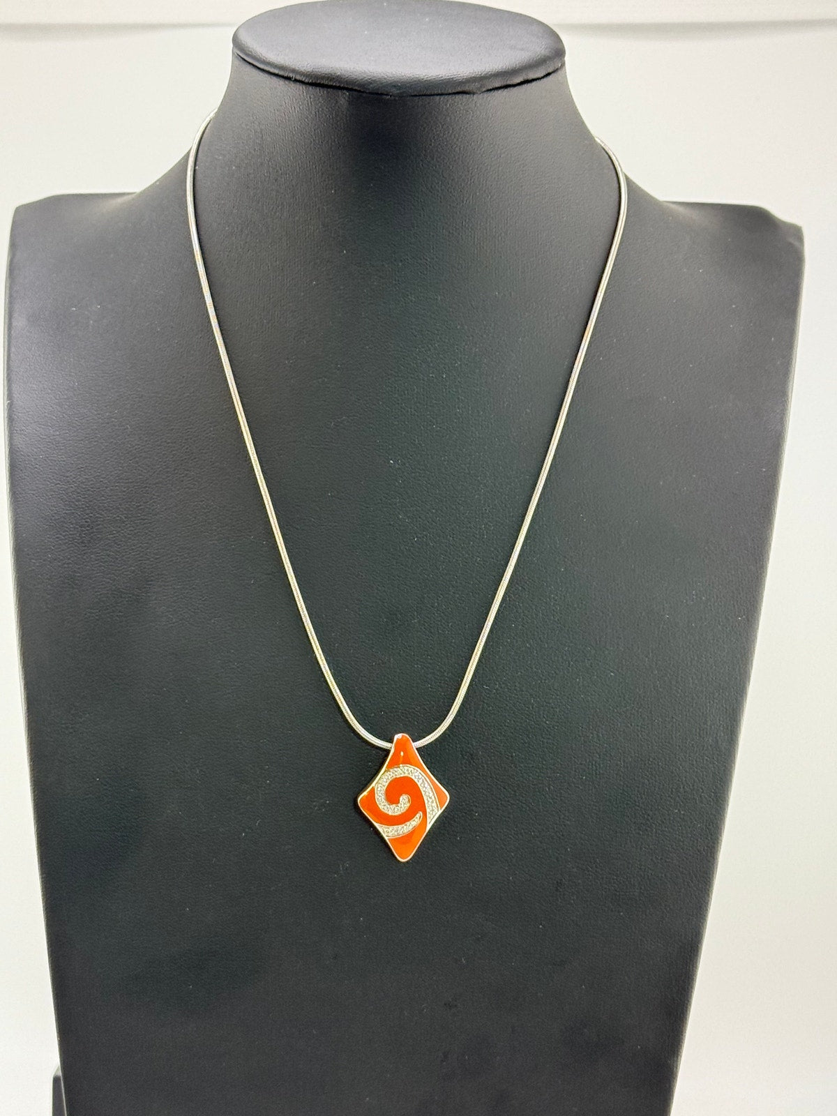 Vintage 925 Sterling Affinity Diamond 1/8ct tw Orange Enamel Pendant Necklace
