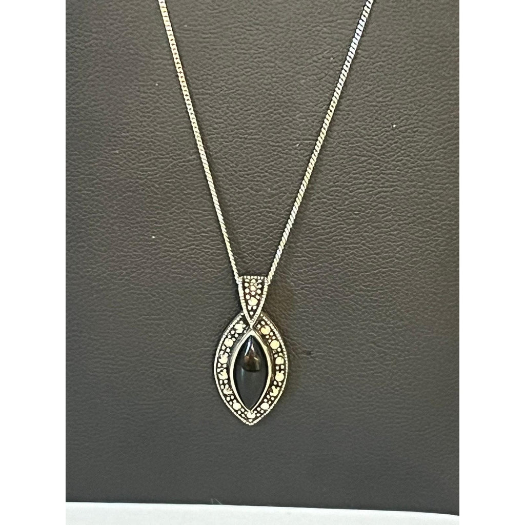 Sterling silver marcasite onyx cabochon pendant necklace