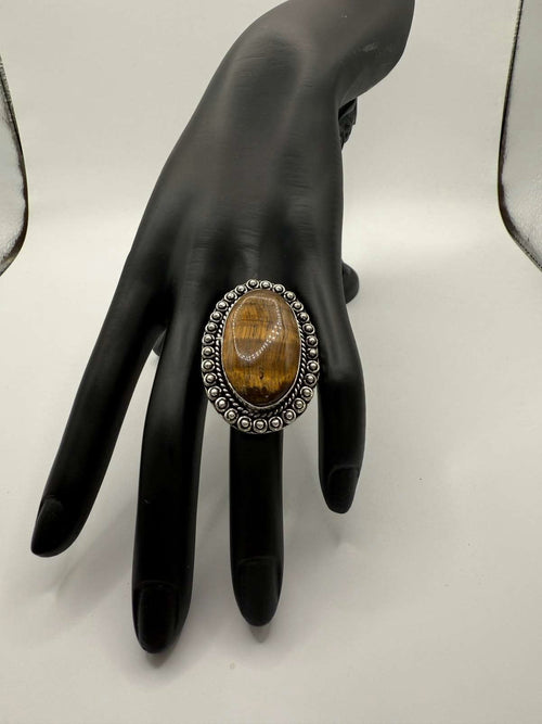 German Silver Tiger Eye Statement Ring, Size 6
