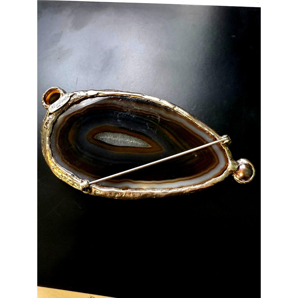Rare Signed Nadine Leo Mississippi River Pearl Co 18K Pearl Agate Brooch