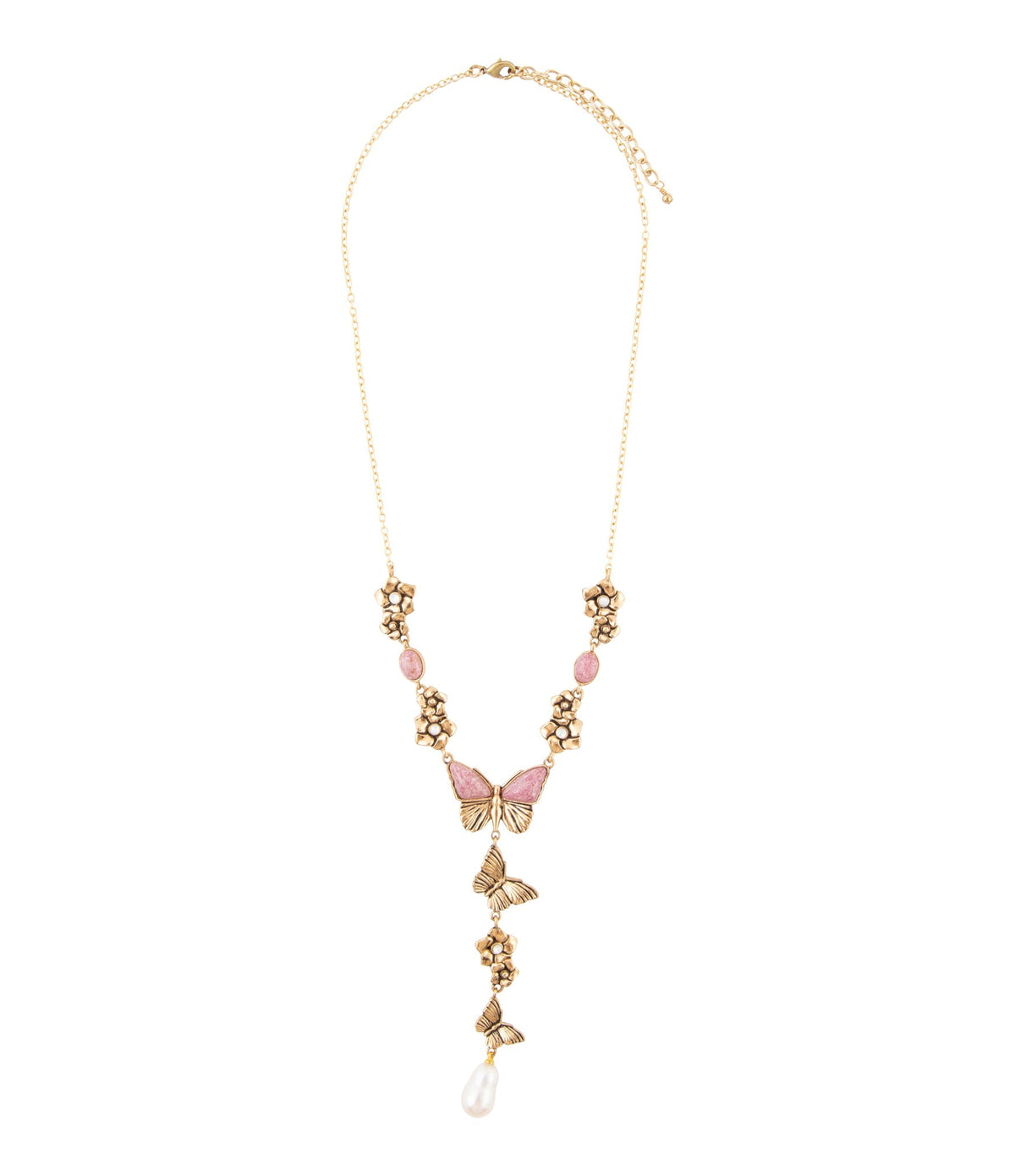 Barse Jewelry Pink Rhodonite and White Pearl Golden Butterflies Y Necklace - Sarasotabydesign