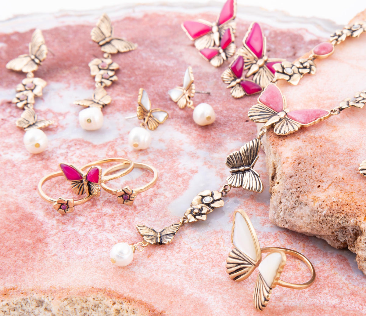 Barse Jewelry Pink Rhodonite and White Pearl Golden Butterflies Y Necklace - Sarasotabydesign