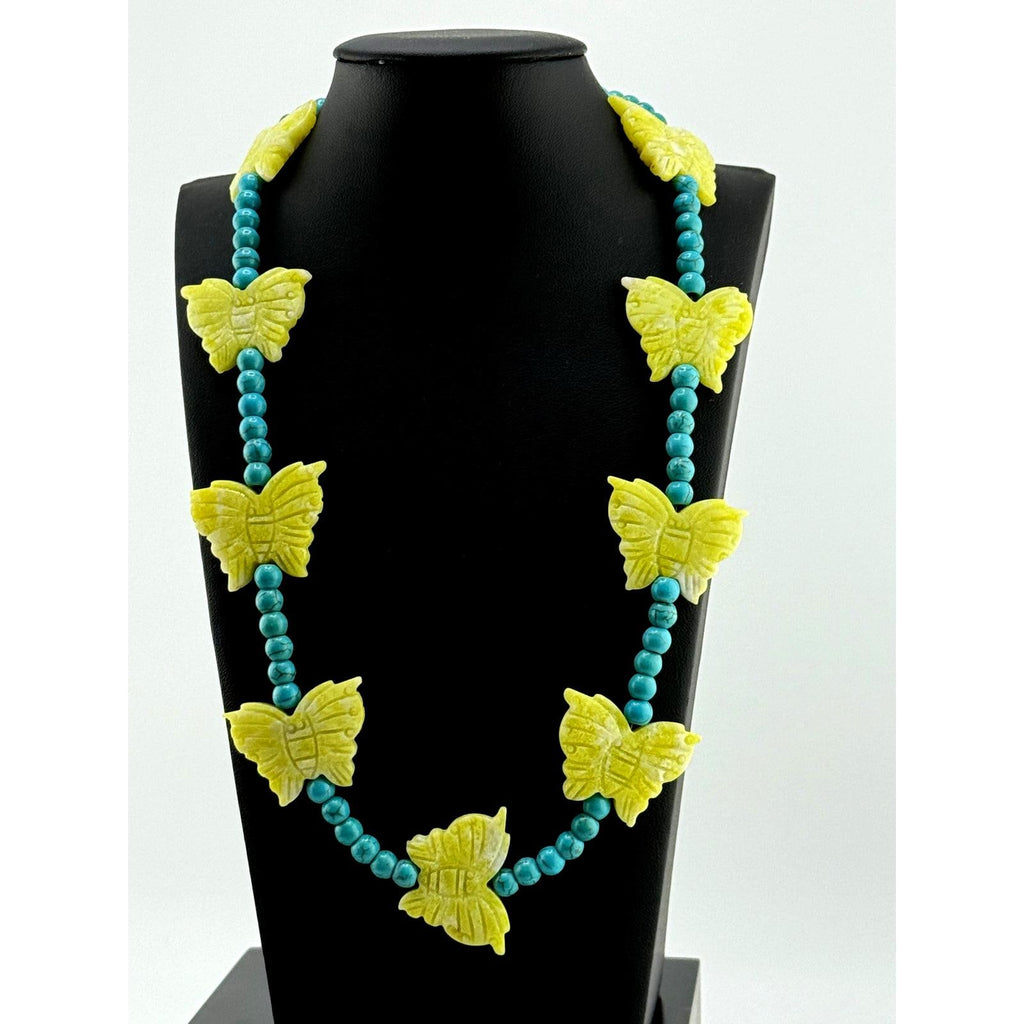 Turquoise, Carved Lemon Jade Butterfly Necklace Navajo Mary Winona Roanhorse