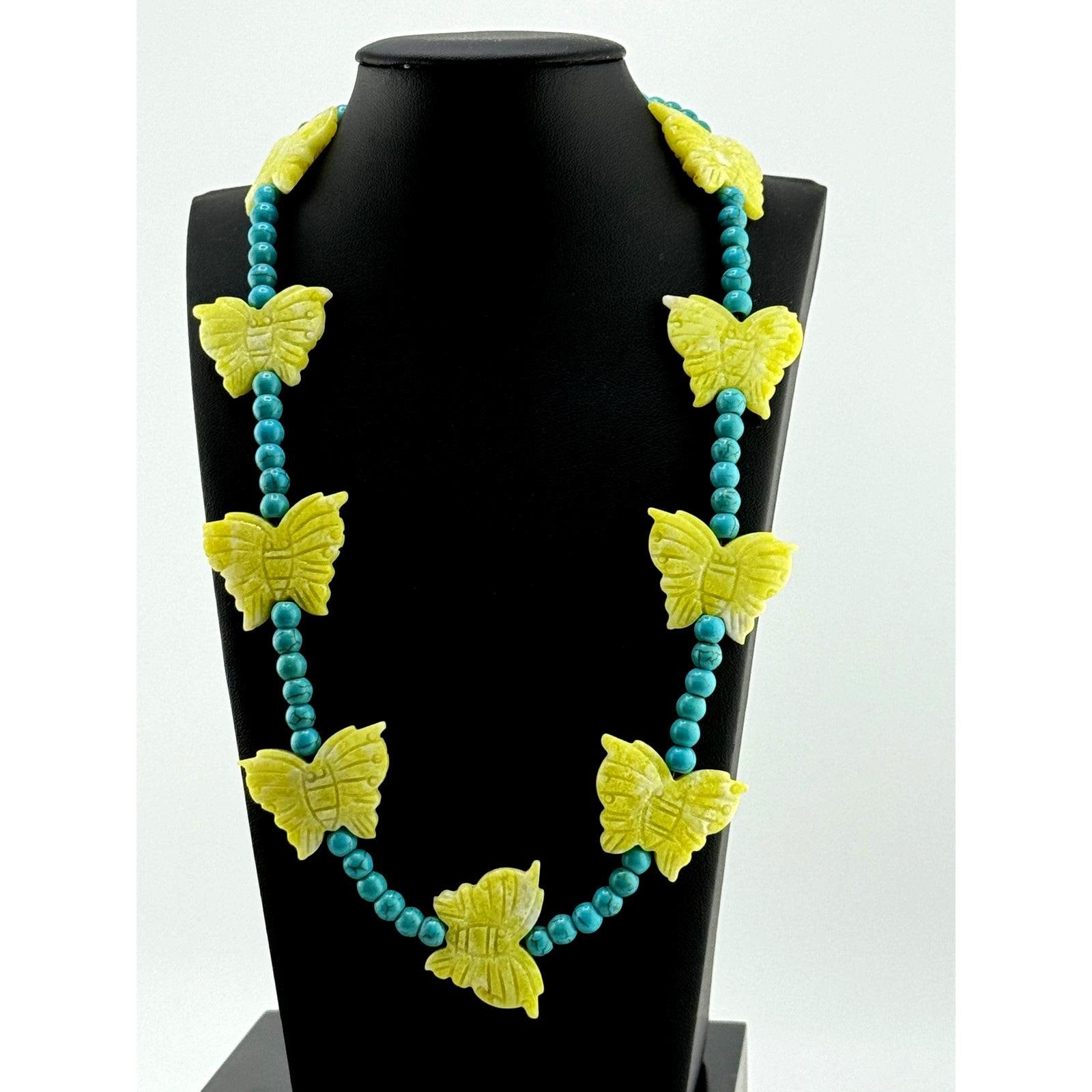 Turquoise, Carved Lemon Jade Butterfly Necklace Navajo Mary Winona Roanhorse