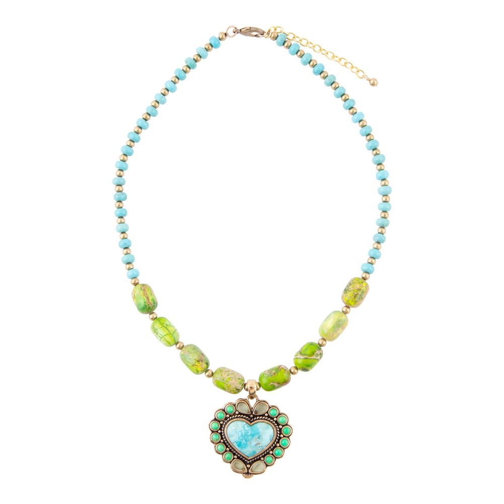 Barse Jewelry Legacy Heart Lime Green and Blue Turquoise Golden Pendant Necklace