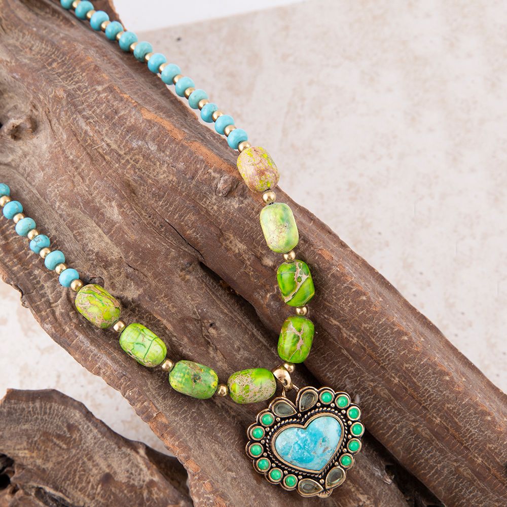 Barse Jewelry Legacy Heart Lime Green and Blue Turquoise Golden Pendant Necklace