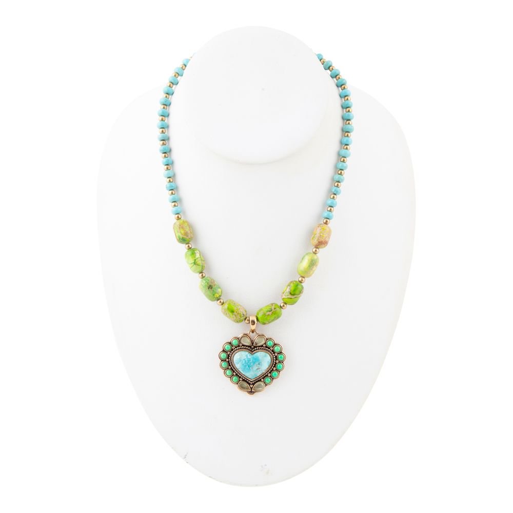 Barse Jewelry Legacy Heart Lime Green and Blue Turquoise Golden Pendant Necklace