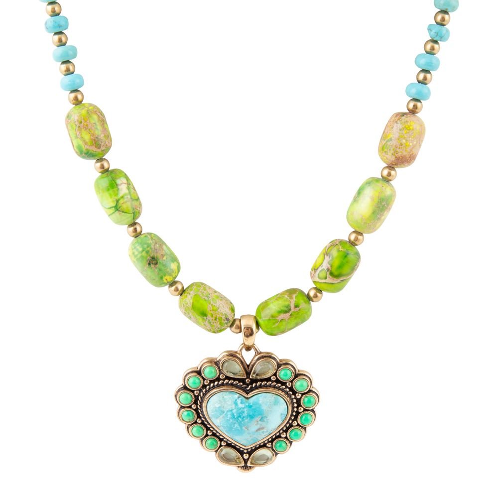 Barse Jewelry Legacy Heart Lime Green and Blue Turquoise Golden Pendant Necklace