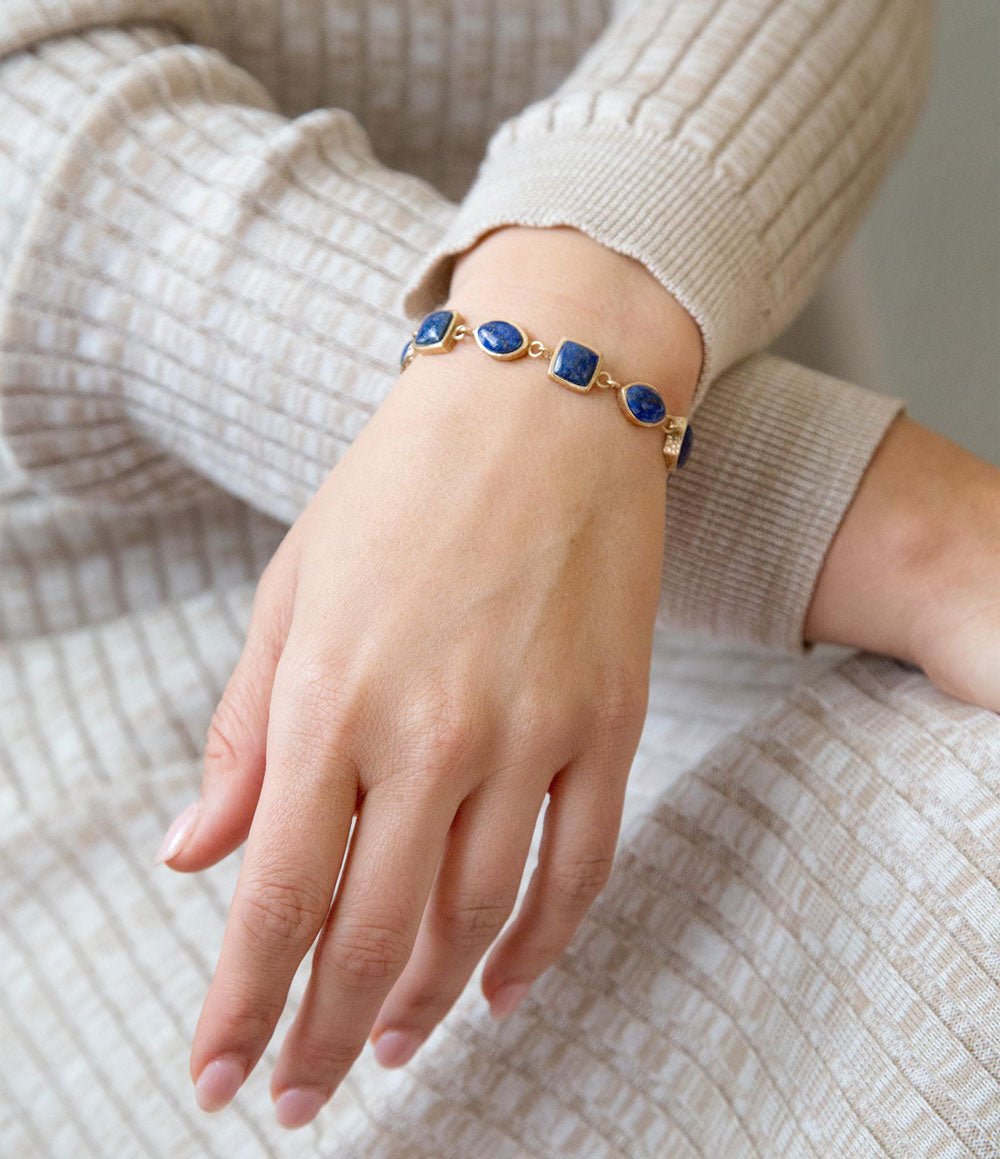 Barse Jewelry Blue Lapis Hammered Link Golden Bracelet