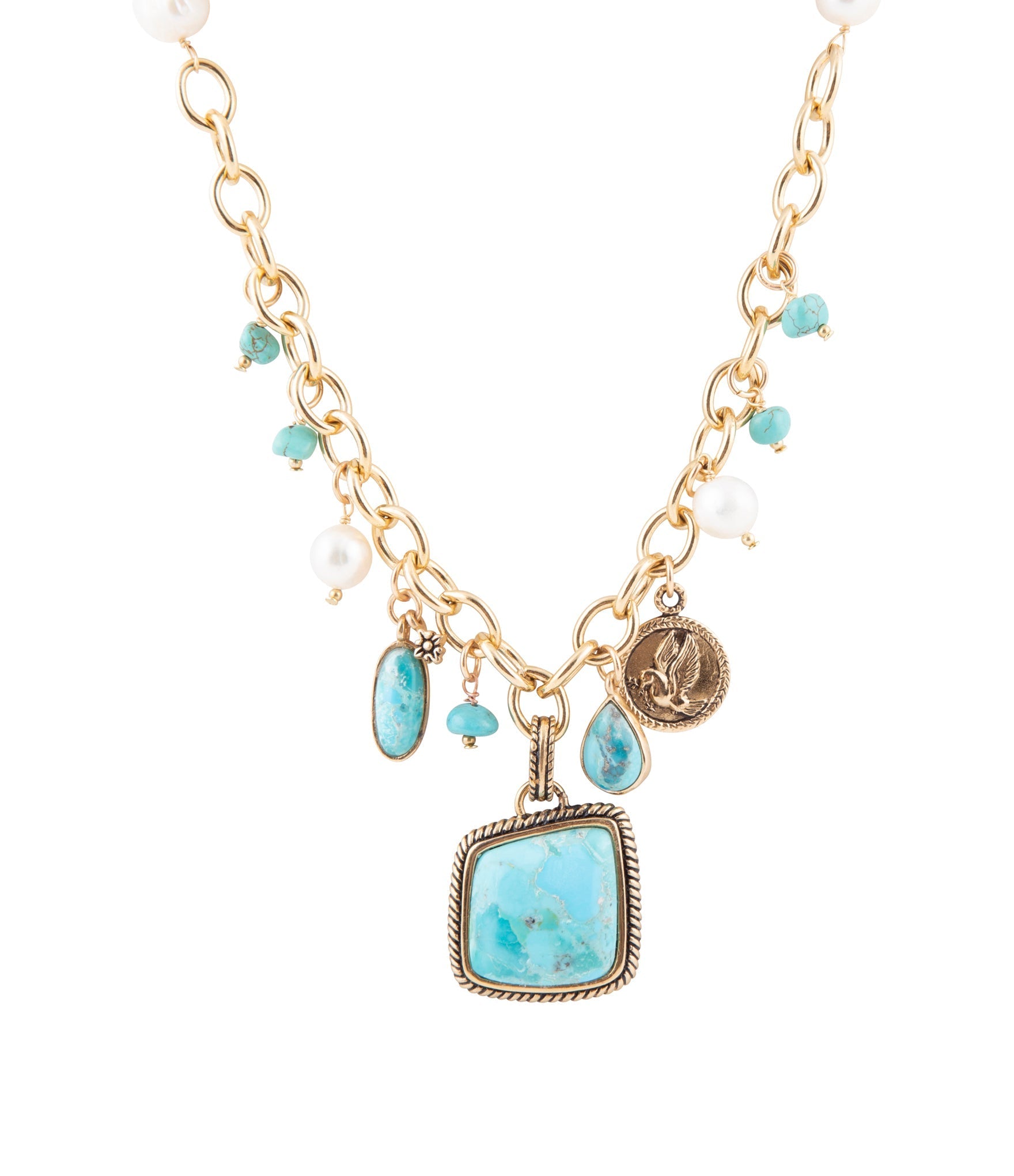 Barse Jewelry Blue Turquoise and White Pearl Multi Pendant Golden Necklace