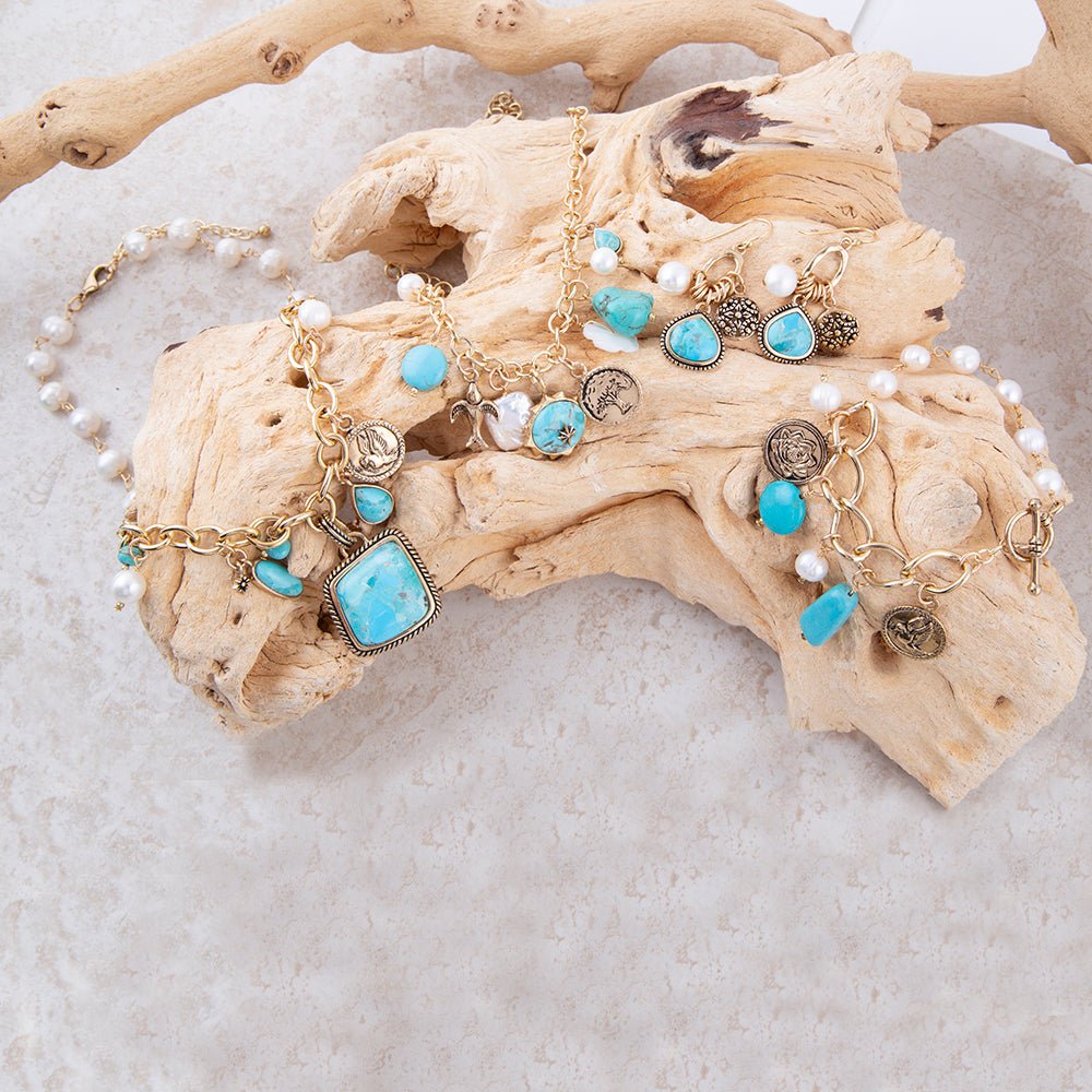 Barse Jewelry Blue Turquoise and White Pearl Multi Pendant Golden Necklace