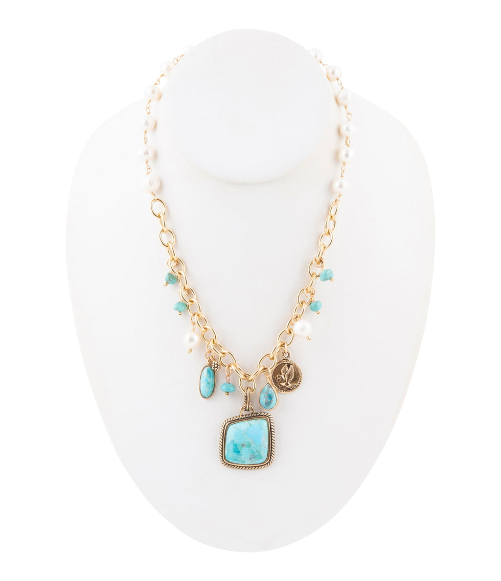 Barse Jewelry Blue Turquoise and White Pearl Multi Pendant Golden Necklace