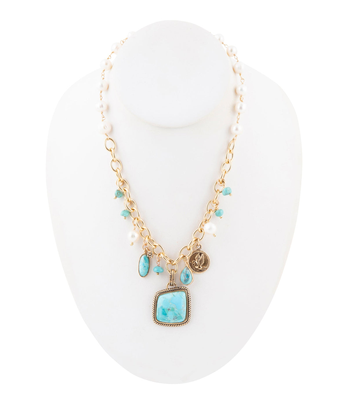 Barse Jewelry Blue Turquoise and White Pearl Multi Pendant Golden Necklace