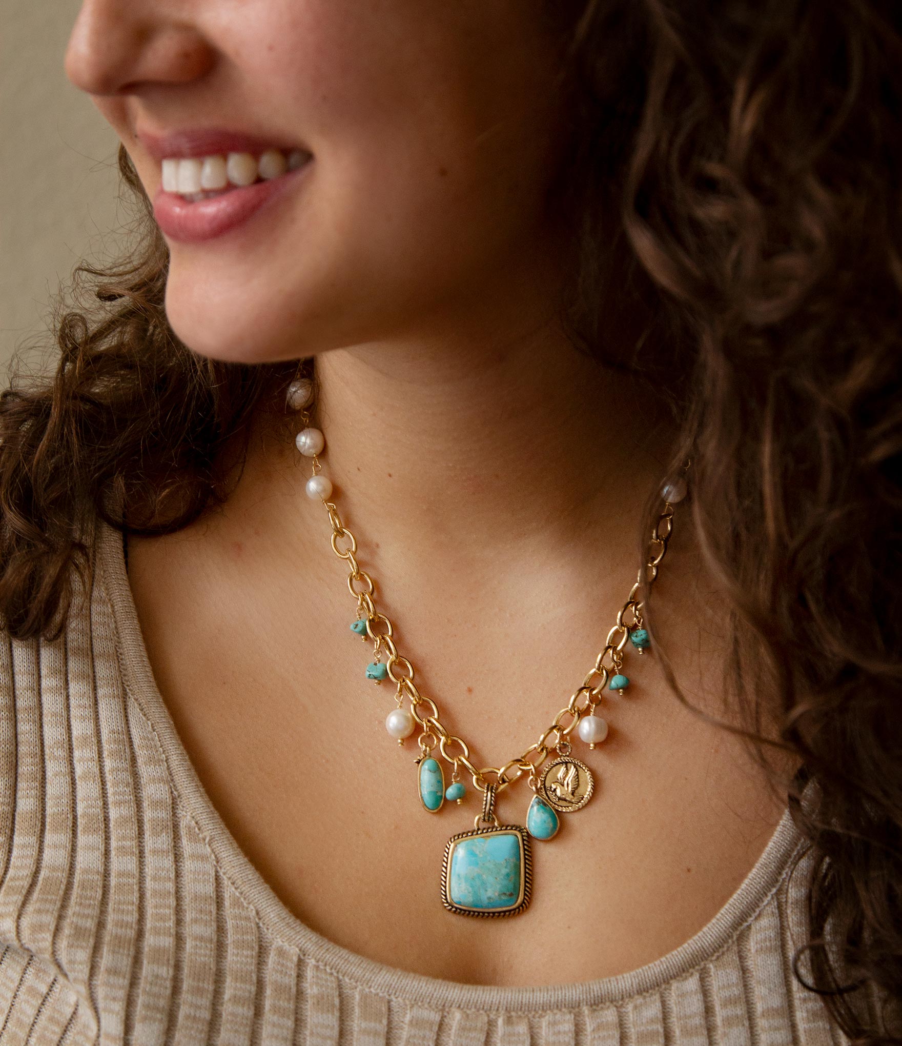 Barse Jewelry Blue Turquoise and White Pearl Multi Pendant Golden Necklace