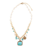 Barse Jewelry Blue Turquoise and White Pearl Multi Pendant Golden Necklace