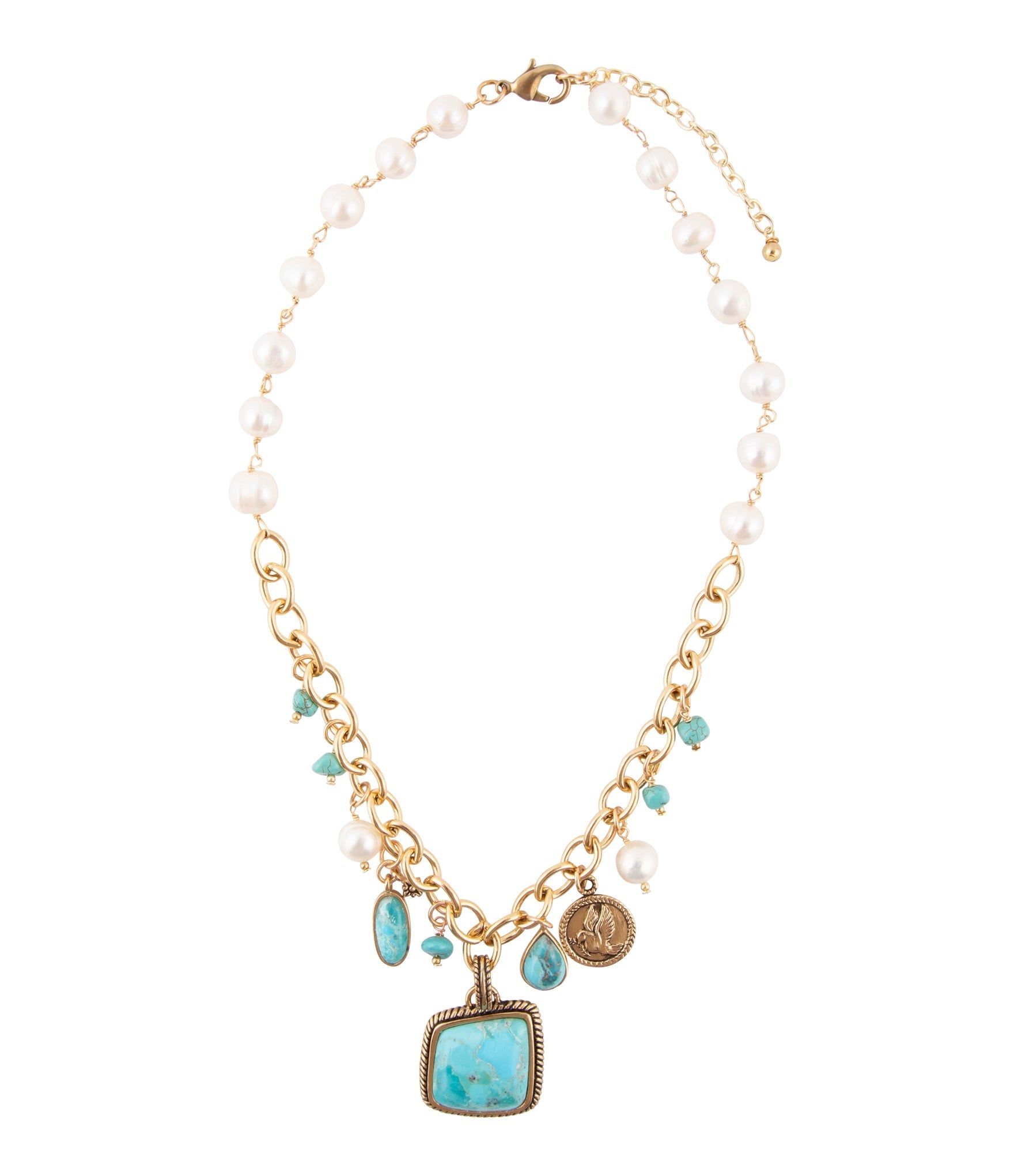 Barse Jewelry Blue Turquoise and White Pearl Multi Pendant Golden Necklace