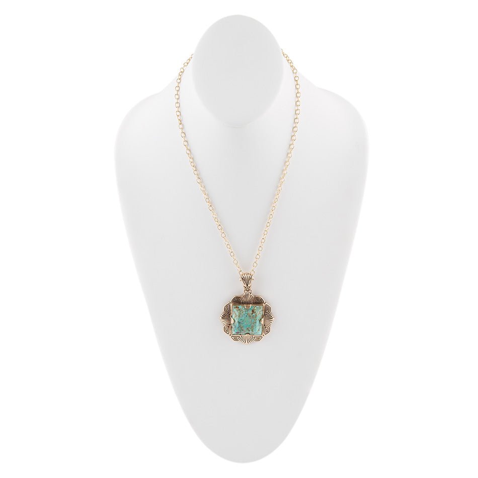 Barse Jewelry Blue Turquoise Square Golden Pendant Necklace