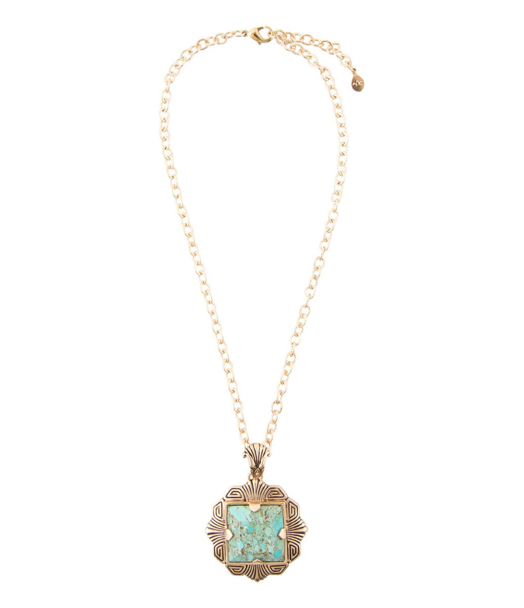 Barse Jewelry Blue Turquoise Square Golden Pendant Necklace