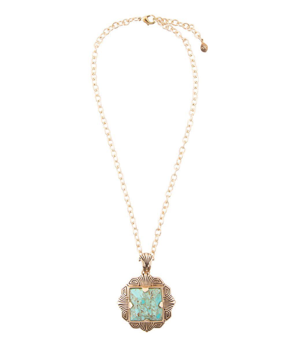 Barse Jewelry Blue Turquoise Square Golden Pendant Necklace