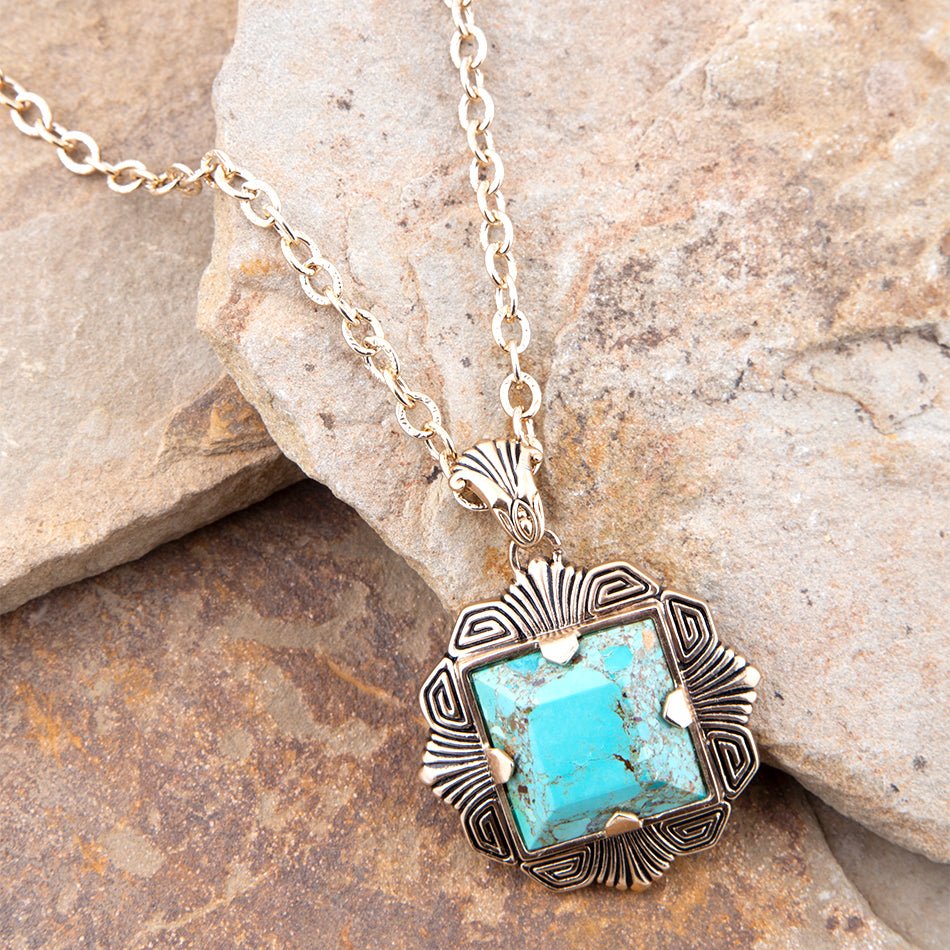 Barse Jewelry Blue Turquoise Square Golden Pendant Necklace