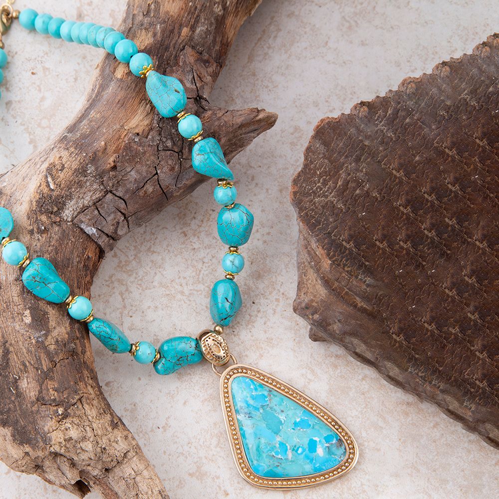 Barse Jewelry Blue Turquoise Triangle Golden Pendant Necklace