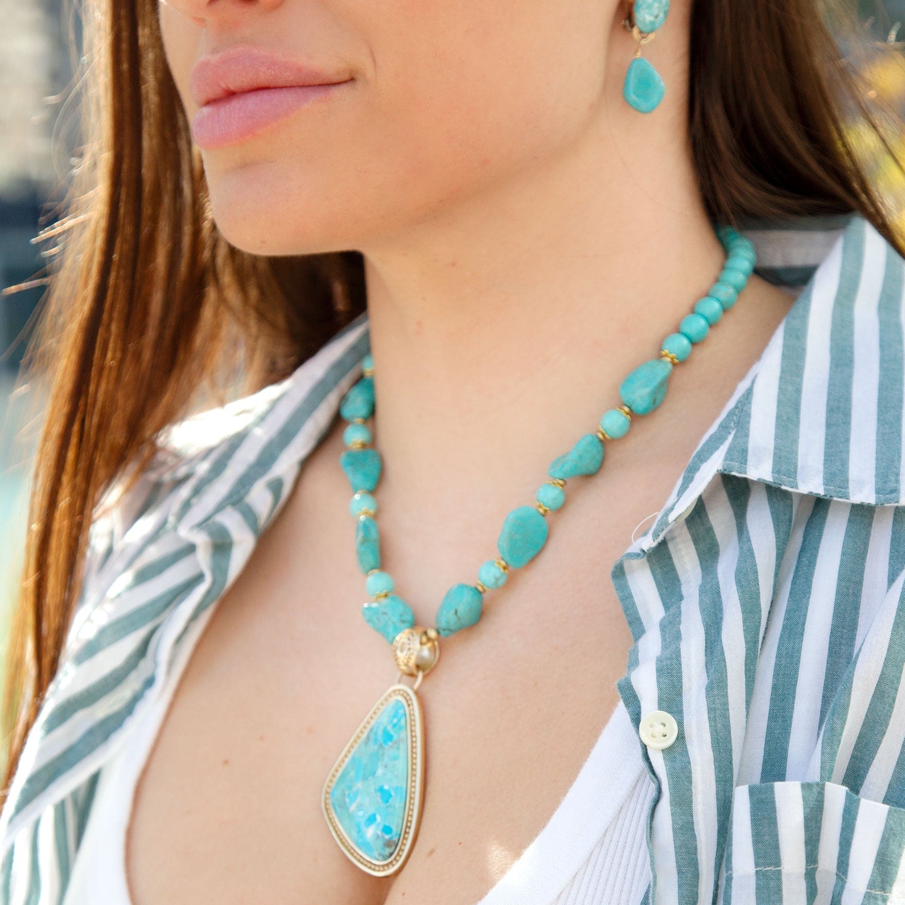 Barse Jewelry Blue Turquoise Triangle Golden Pendant Necklace
