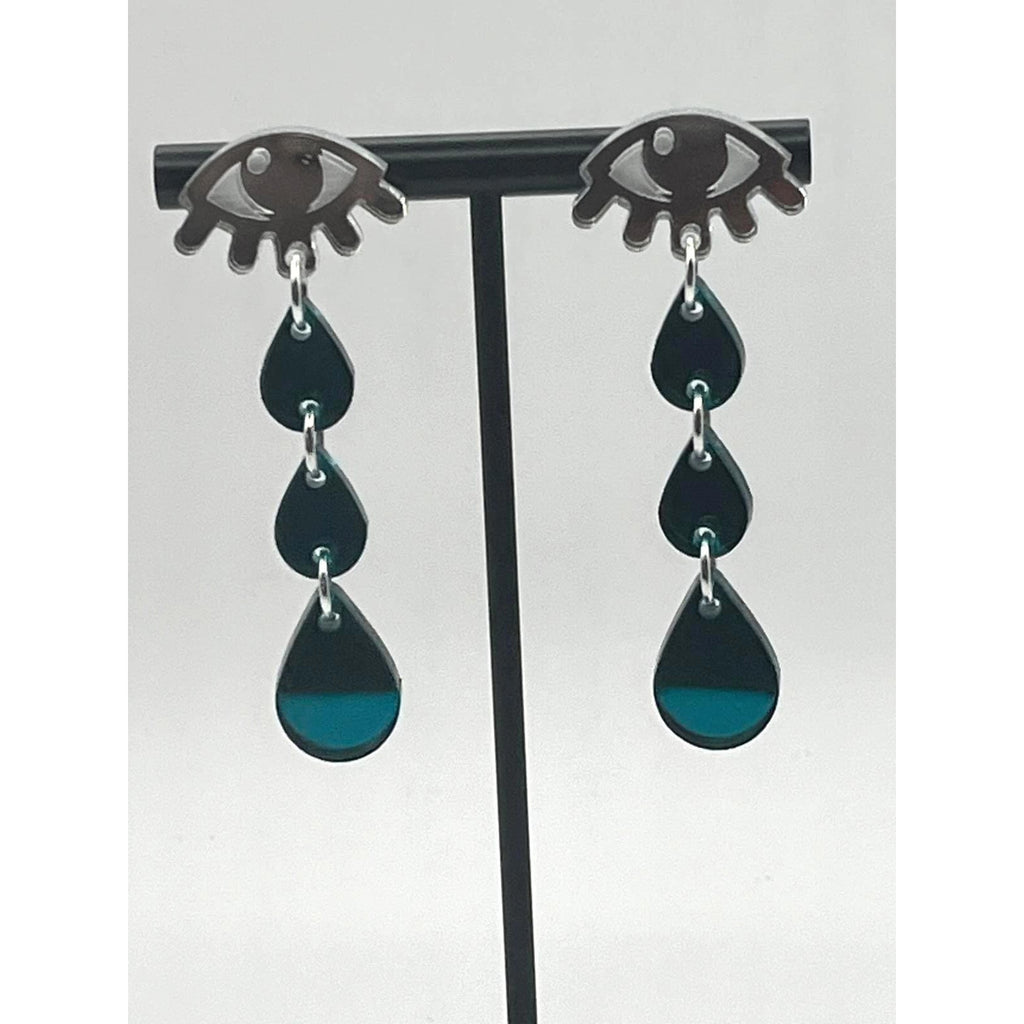 Crying Teardrop Mirrored Acrylic Earrings: Silver with Teal