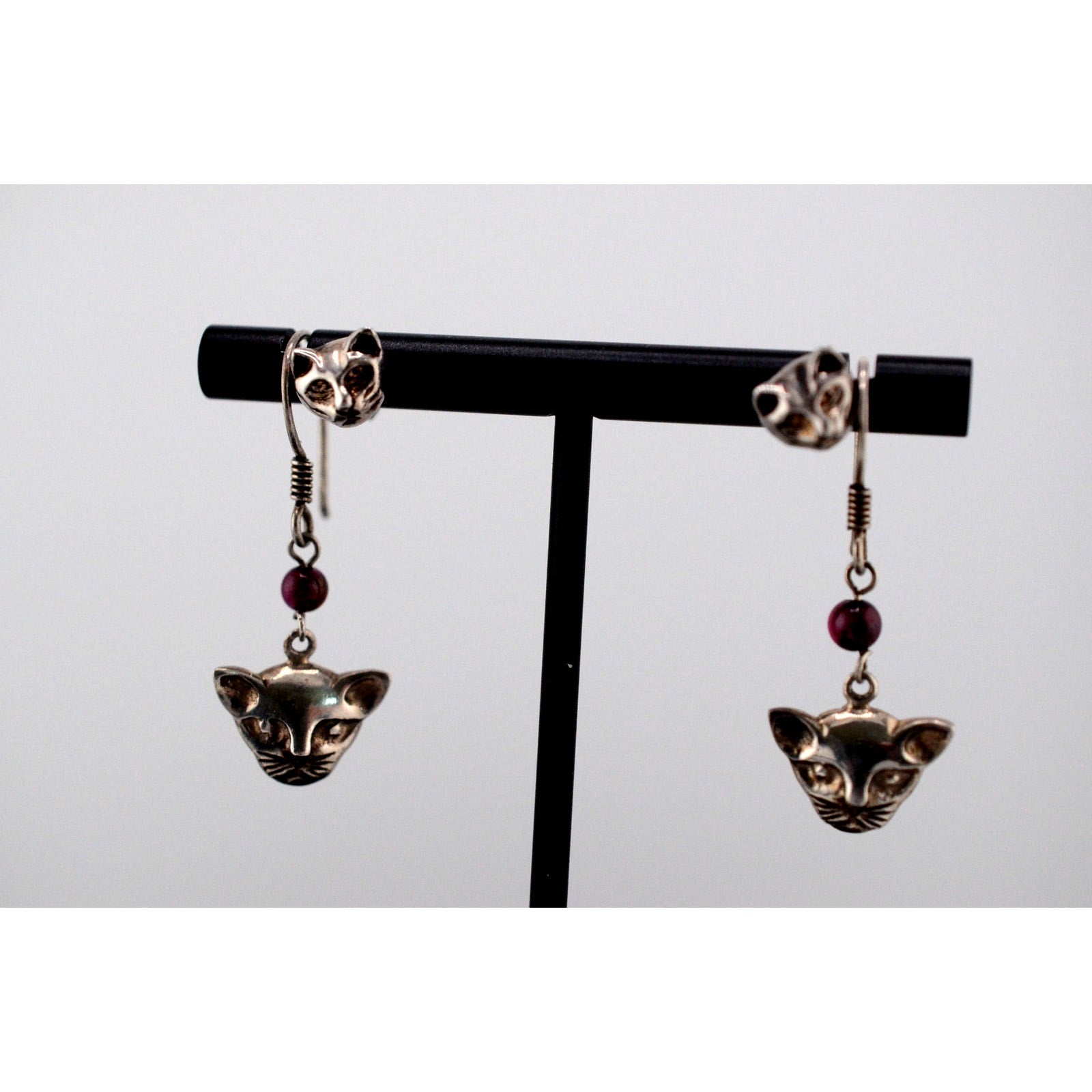 Vintage Set of Two 925 Silver Cat Stud and Dangle Earrings