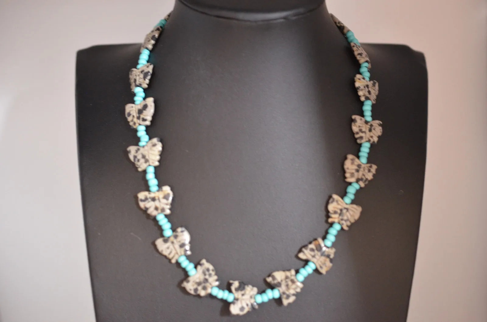 Navajo Mary W Roanhorse Carved Dalmatian Jasper Turquoise Glass Necklace - Small