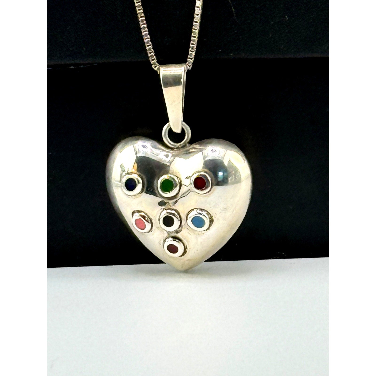 Vintage Mexico 925 Sterling Silver Enameled Rattle Heart Pendant Necklace