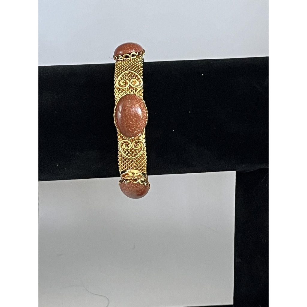 Vintage Gold Tone Mesh Buckle Bracelet with Sparkling Brown Glass Cabochons 7"