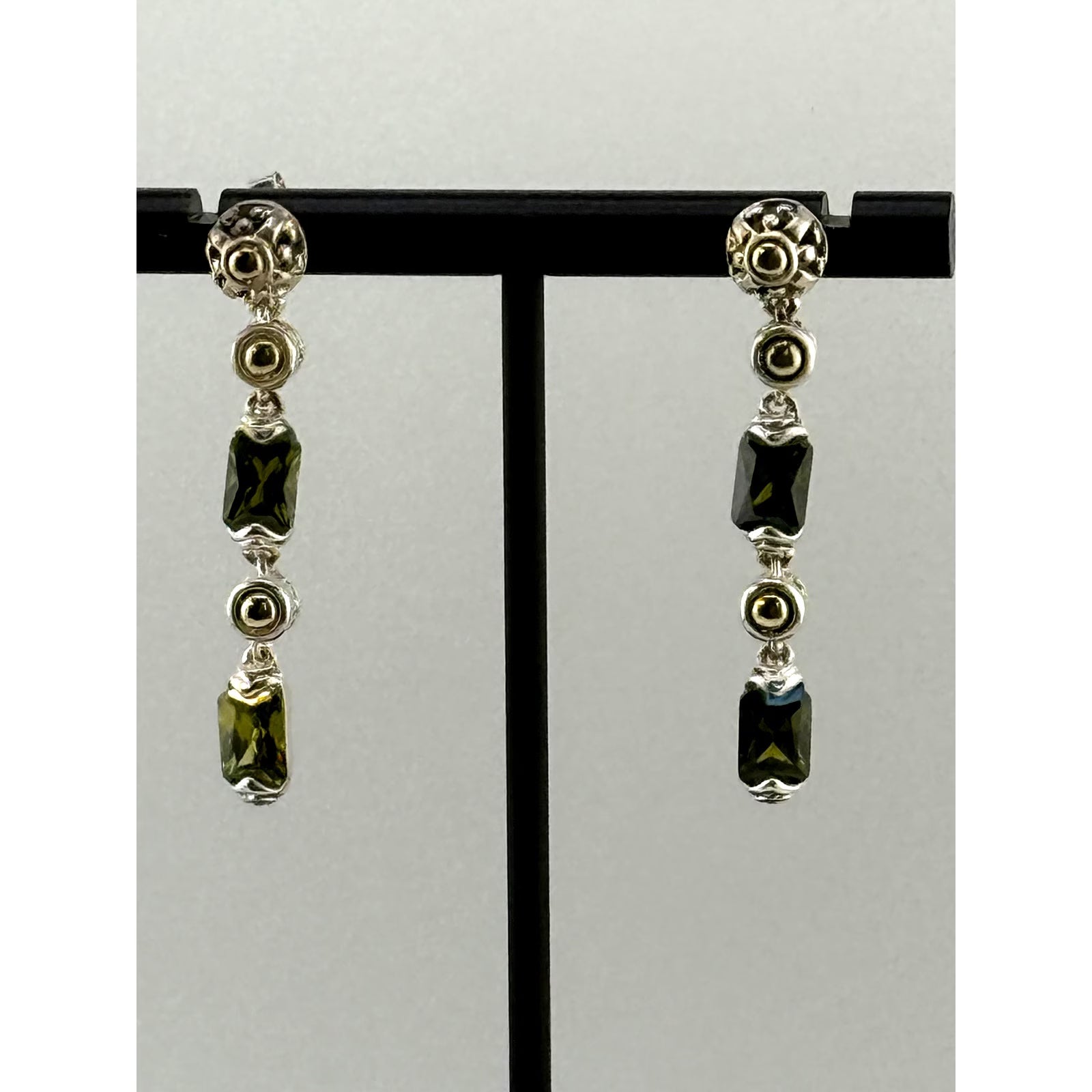 Vintage 925 Sterling Silver Green Glass Dangle Earrings