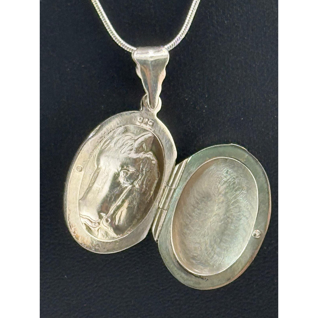 Sterling Silver Horse Head Cameo Photo Locket Pendant Necklace