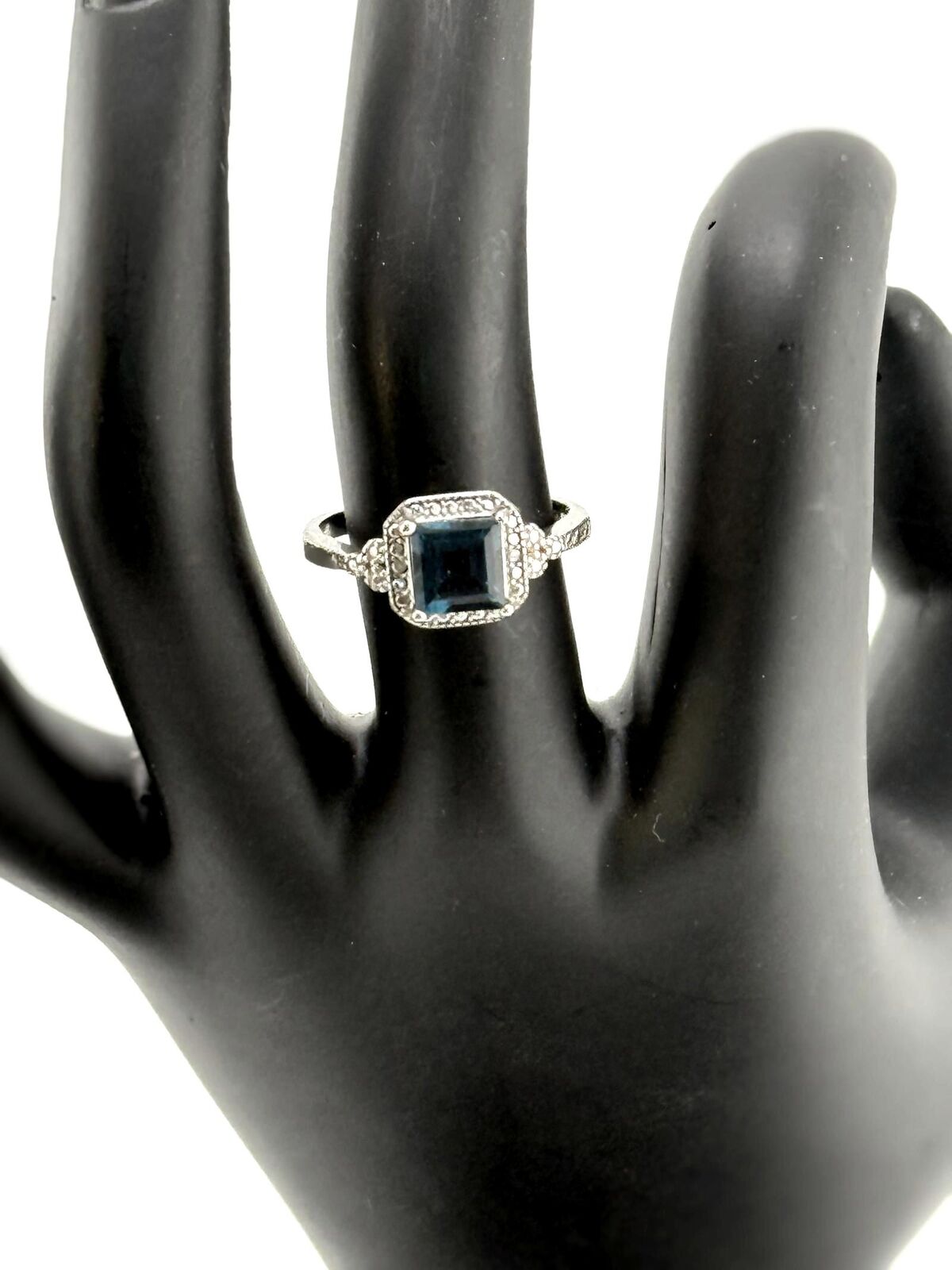 Elegant Square Blue Topaz Ring with Diamond Accents Size 7.25