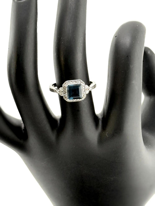 Elegant Square Blue Topaz Ring with Diamond Accents Size 7.25