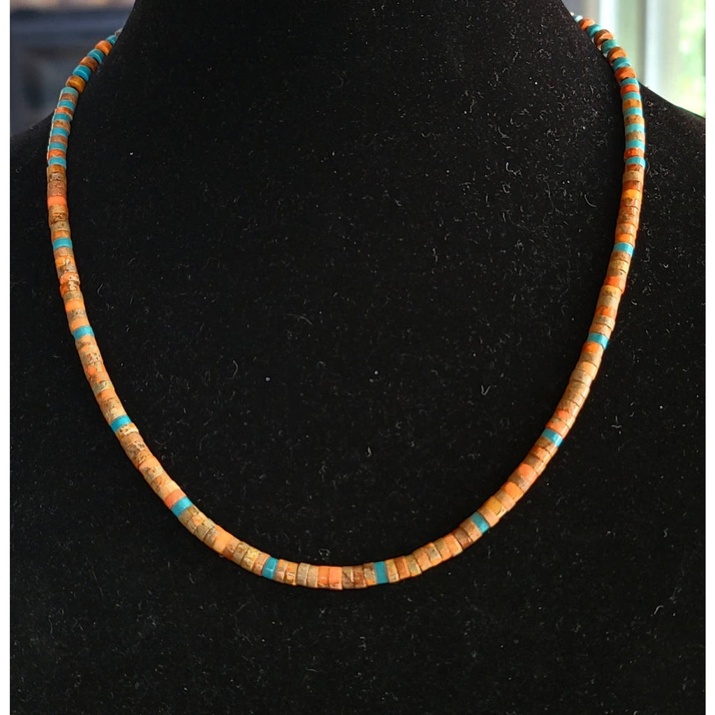 Navajo Mary W Roanhorse Santa Fe Sun Necklace, Turquoise, Sea Sediment Jasper