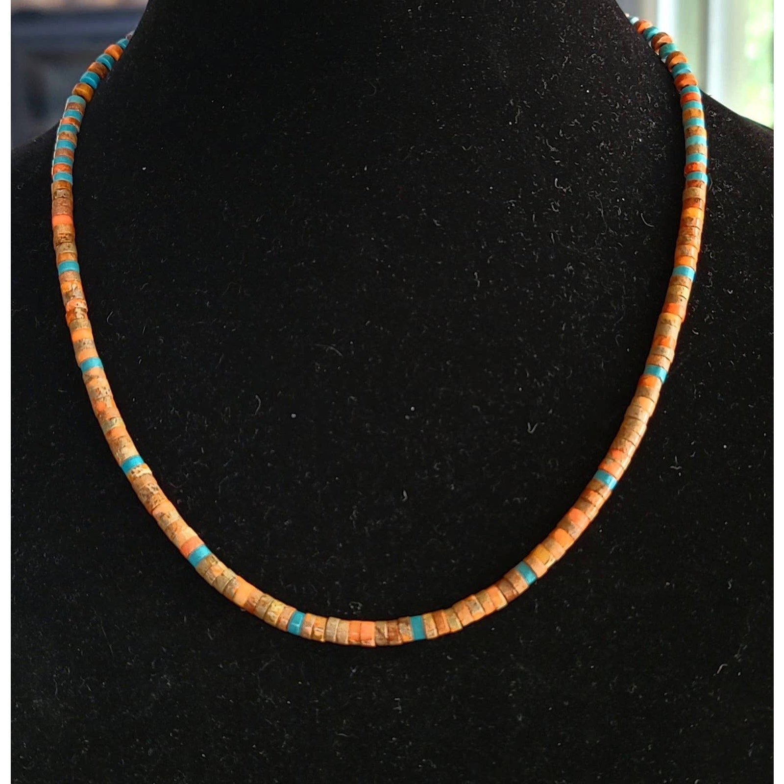 Navajo Mary W Roanhorse Santa Fe Sun Necklace, Turquoise, Sea Sediment Jasper