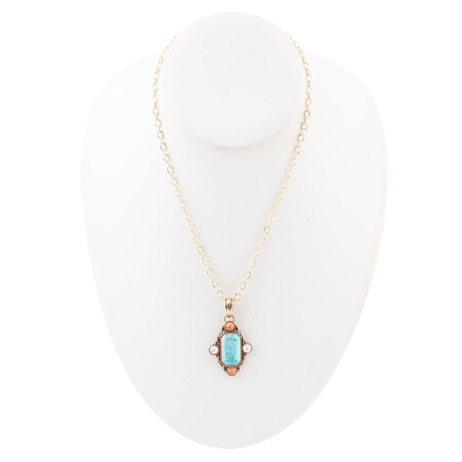 Barse Jewelry Champs Blue Turquoise and Orange Coral Golden Pendant Necklace
