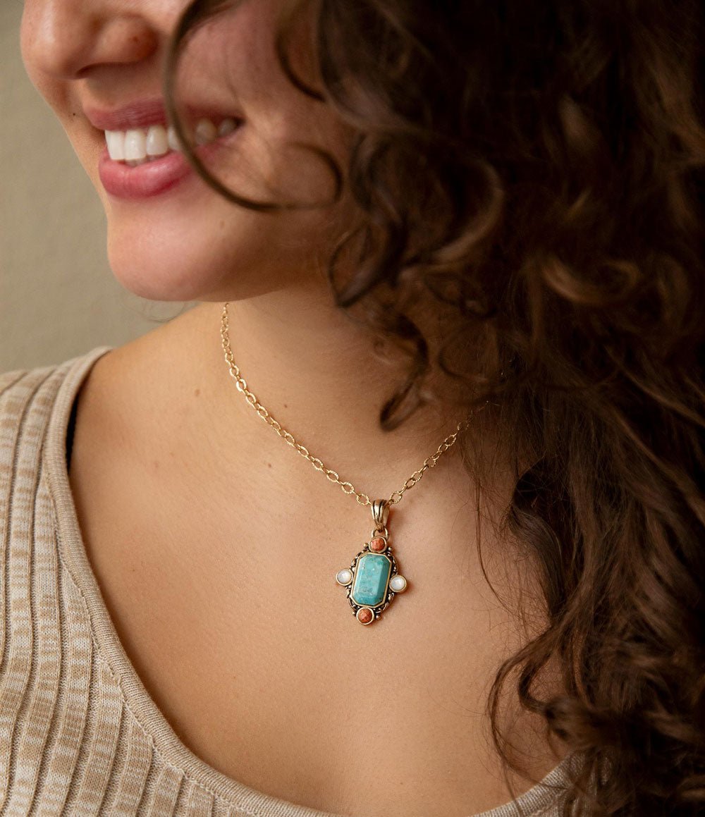 Barse Jewelry Champs Blue Turquoise and Orange Coral Golden Pendant Necklace